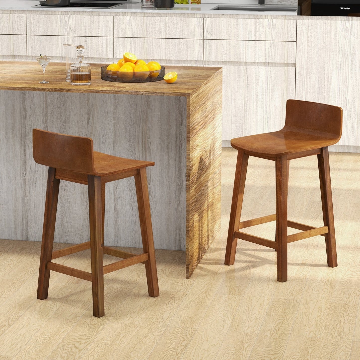 Wood Bar Stools Set of 2 with Solid Back and Seat-Black