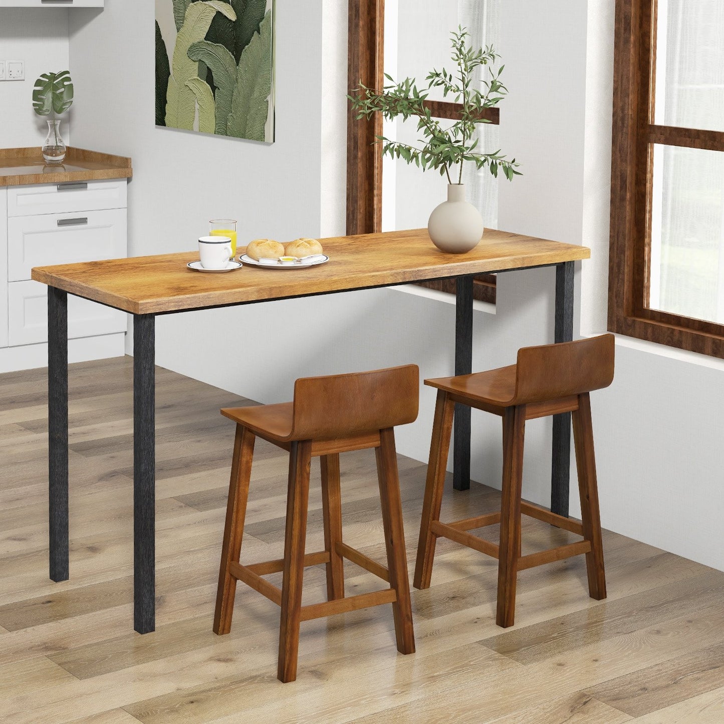 Wood Bar Stools Set of 2 with Solid Back and Seat-Black