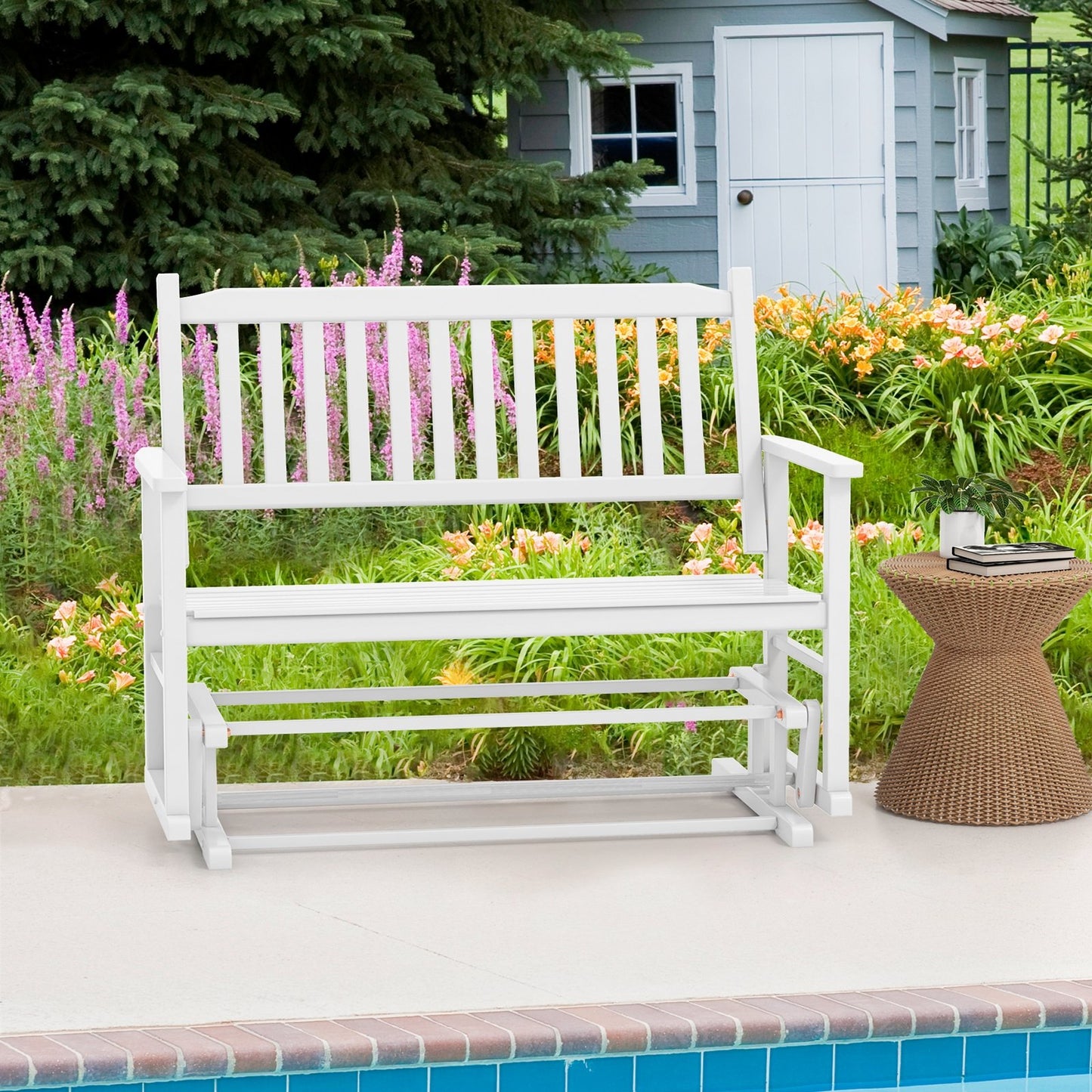 2 Seats Outdoor Glider Bench with Armrests and Slatted Seat-Gray