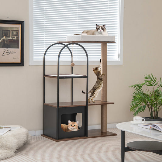 47 Inch Tall Cat Tree Tower Top Perch Cat Bed with Metal Frame-Black