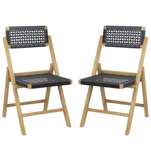 Set of 2 Folding Chairs Teak Wood Dining Chairs with Woven Rope Seat and Back