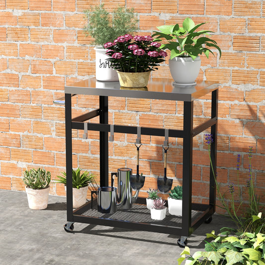 2-Tier Stainless Steel Grill Cart with 4 Hooks and Wheels BBQ Table-Black