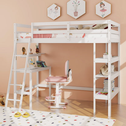 Twin Size Loft Bed with Desk and Bookshelves for Kids and Teens-Gray