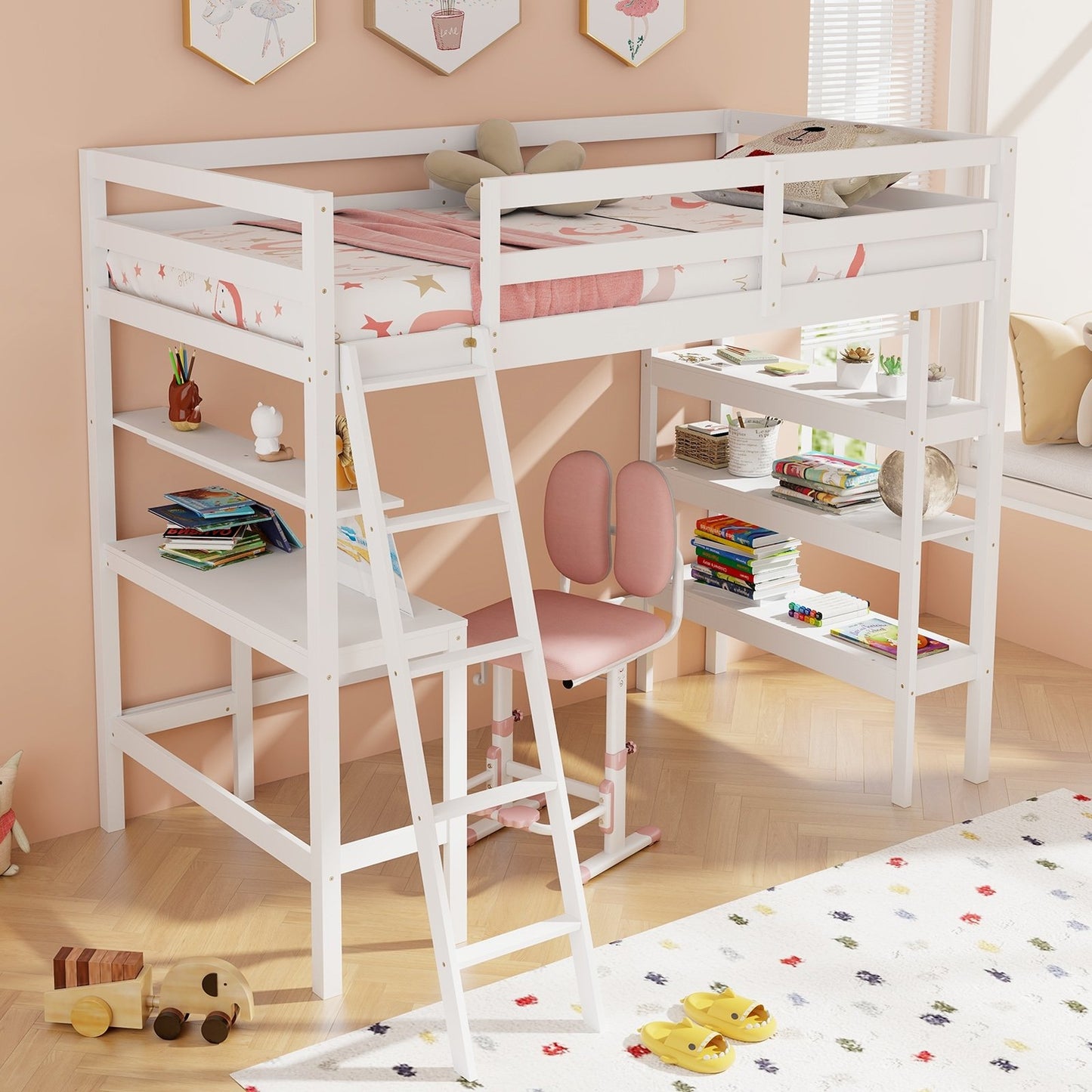 Twin Size Loft Bed with Desk and Bookshelves for Kids and Teens-Gray