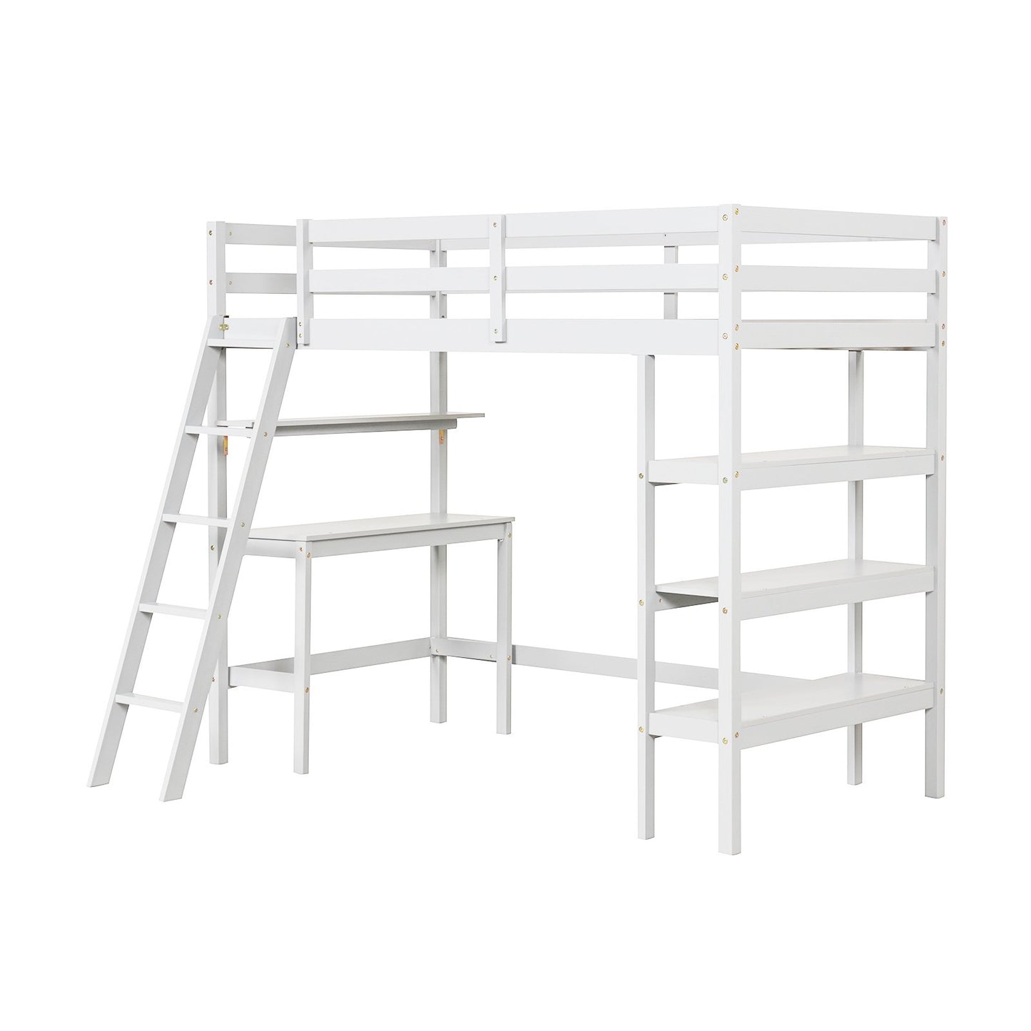 Twin Size Loft Bed with Desk and Bookshelves for Kids and Teens-Gray