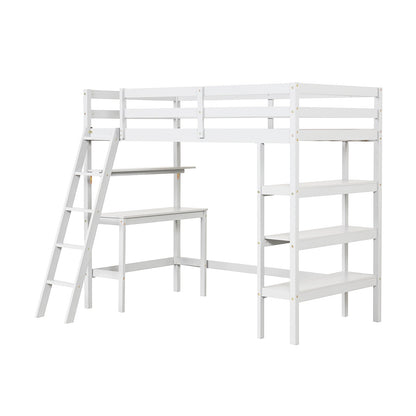 Twin Size Loft Bed with Desk and Bookshelves for Kids and Teens-Gray