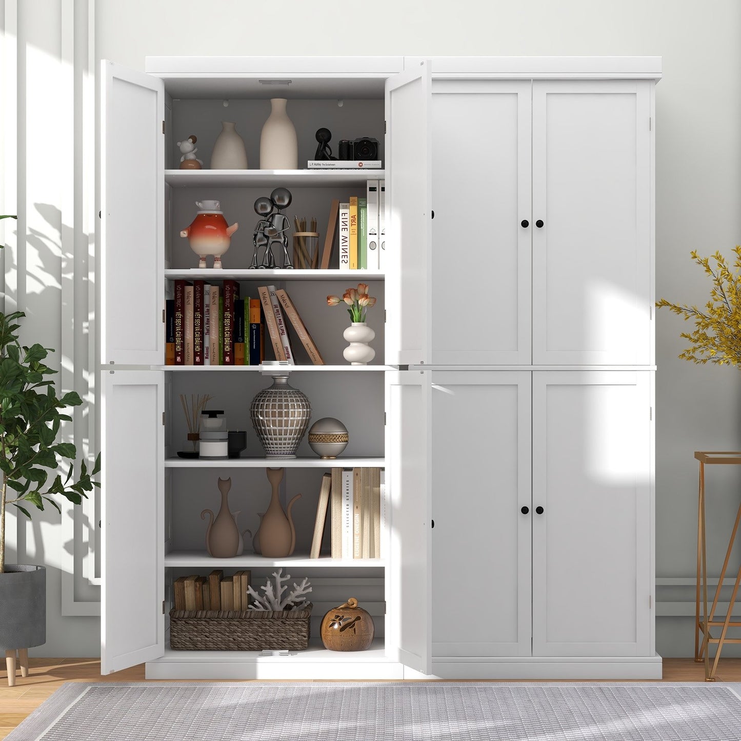 72.5” Tall Buffet Cabinet with 6-Tier Shelves and 4 Doors-Black