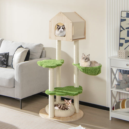 55 Inch Tall Cat Climbing Stand with Sisal Scratching Posts and Soft Cat Bed for Indoor Kittens-Green