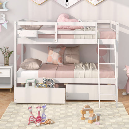 Twin Over Twin Bunk Bed Wood Bed Frame with 2 Storage Drawers and Ladder-Gray