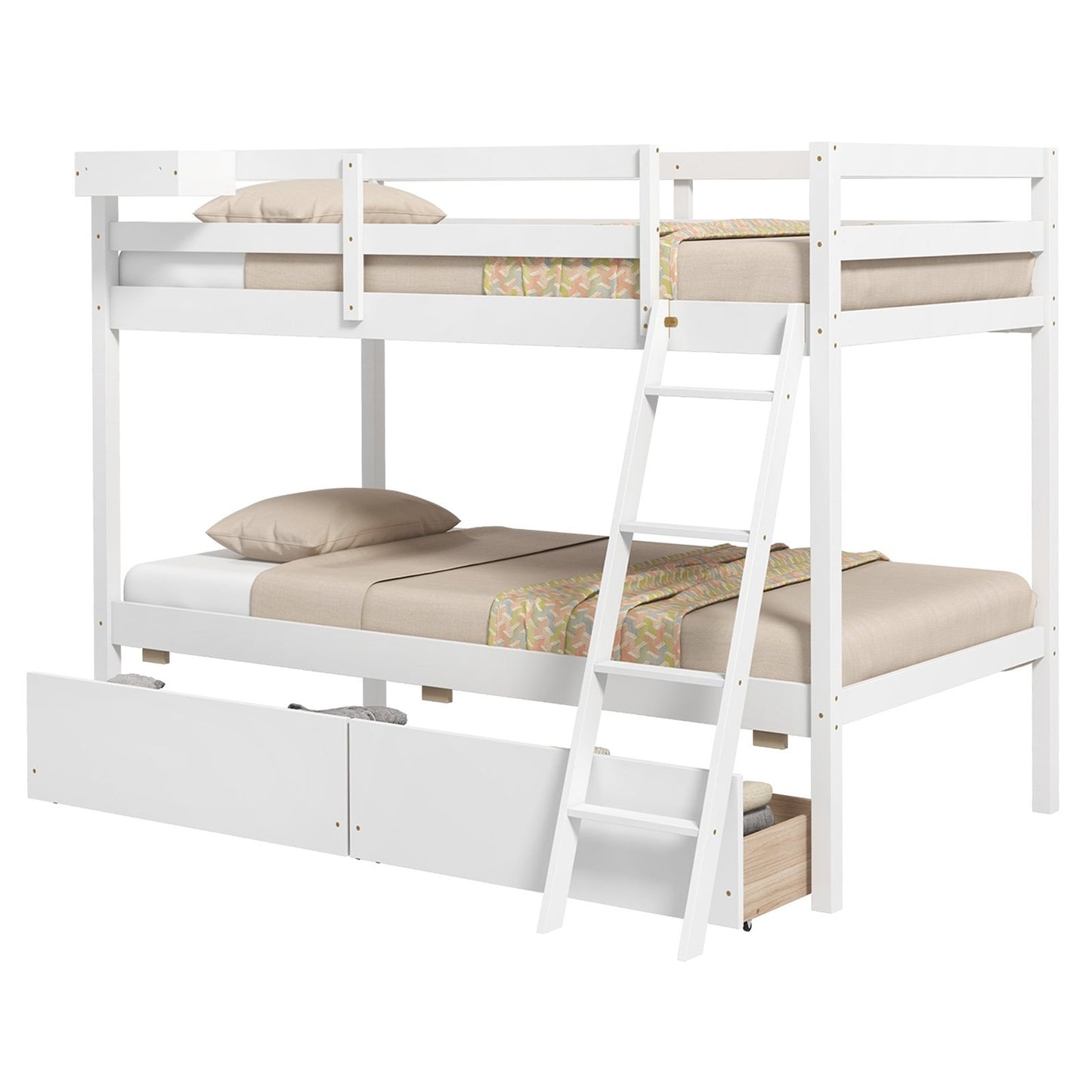 Twin Over Twin Bunk Bed Wood Bed Frame with 2 Storage Drawers and Ladder-Gray