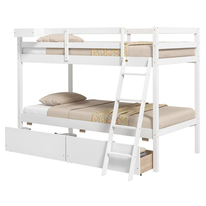Twin Over Twin Bunk Bed Wood Bed Frame with 2 Storage Drawers and Ladder-Gray