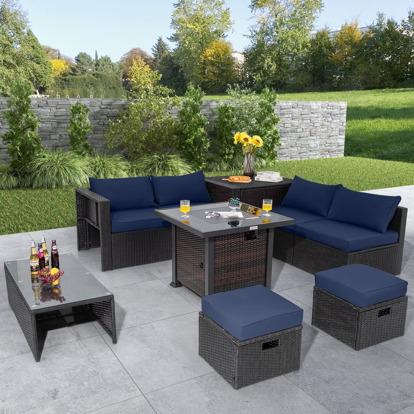 9 Pieces Patio Furniture Set with 32” Fire Pit Table and 50000 BTU Square Propane Fire Pit-Black
