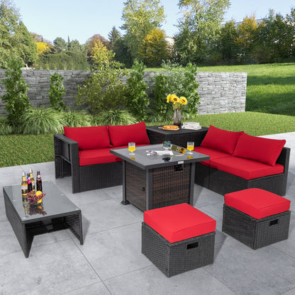 9 Pieces Patio Furniture Set with 32” Fire Pit Table and 50000 BTU Square Propane Fire Pit-Black