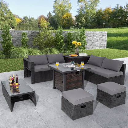9 Pieces Patio Furniture Set with 32” Fire Pit Table and 50000 BTU Square Propane Fire Pit-Black