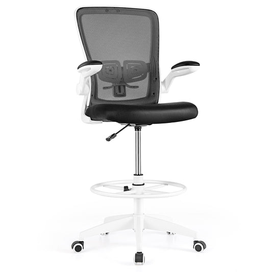 Height Adjustable Drafting Chair with Flip Up Arms for Home Office-White