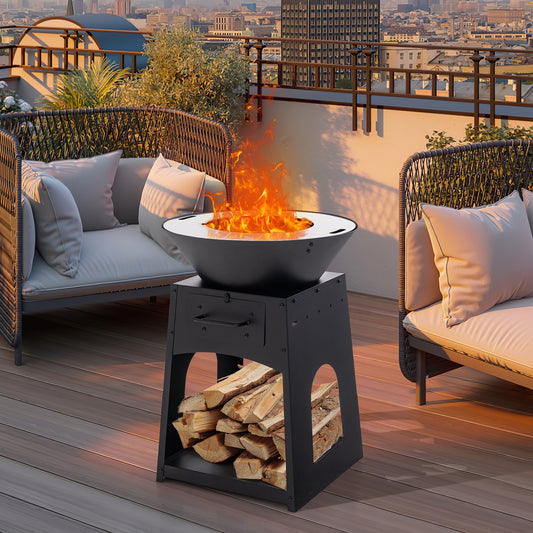 Patio Fire Pit with Firewood Log Rack with Grill and Ash Box-Black