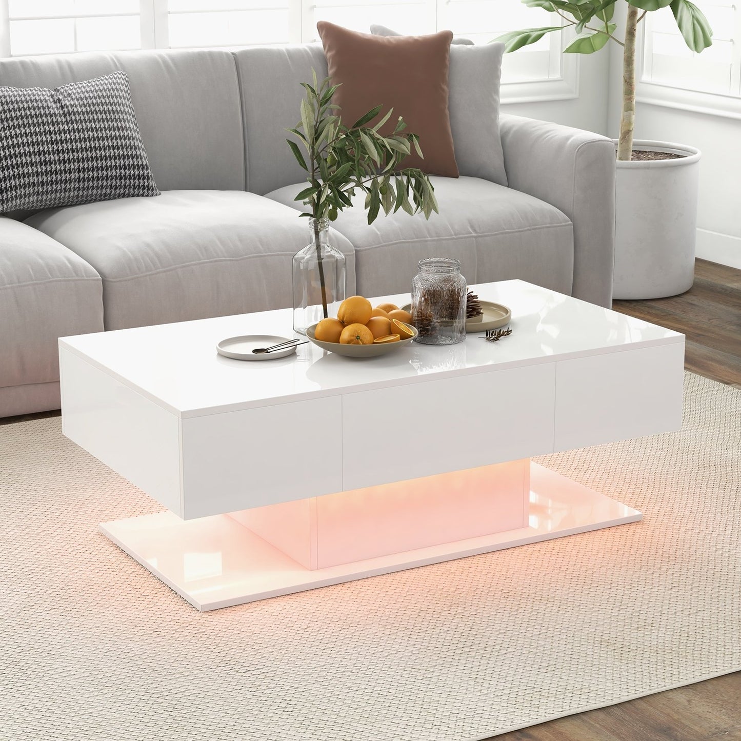 Modern LED Coffee Table with 20 Color LED Lights and 2 Storage Drawers-Black
