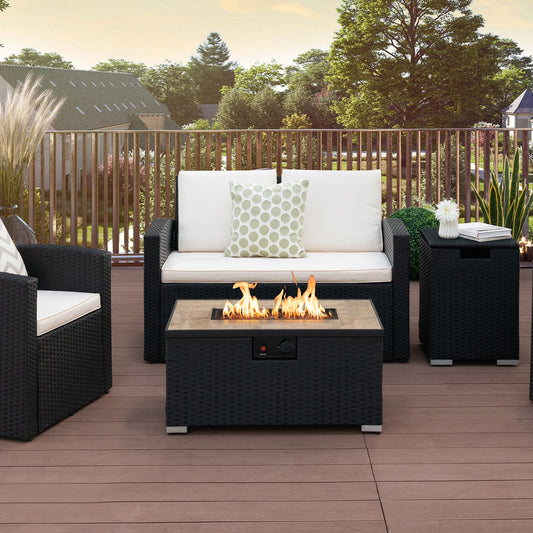 32 x 20 Inch Propane Rattan Fire Pit Table Set with Side Table Tank and Cover-Black