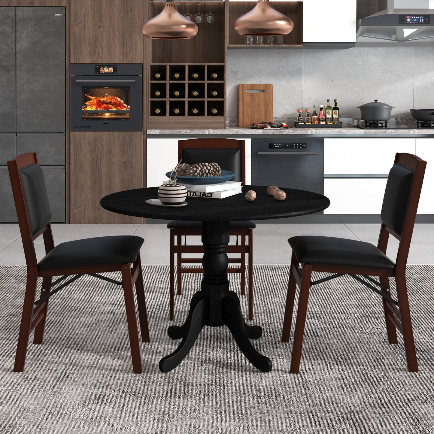 Wooden Dining Table with Round Tabletop and Curved Trestle Legs-Black