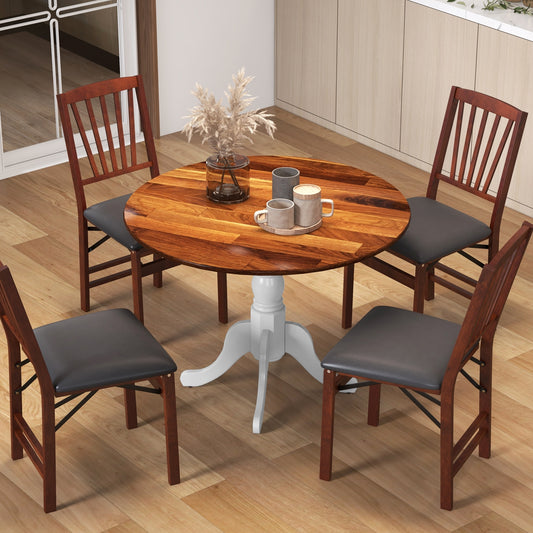 Wooden Dining Table with Round Tabletop and Curved Trestle Legs-Walnut & White