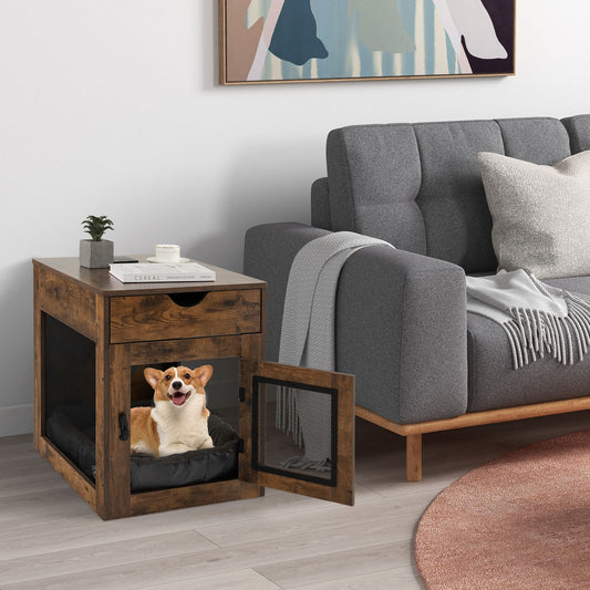 Furniture Style Dog Kennel with Drawer and Removable Dog Bed-Coffee
