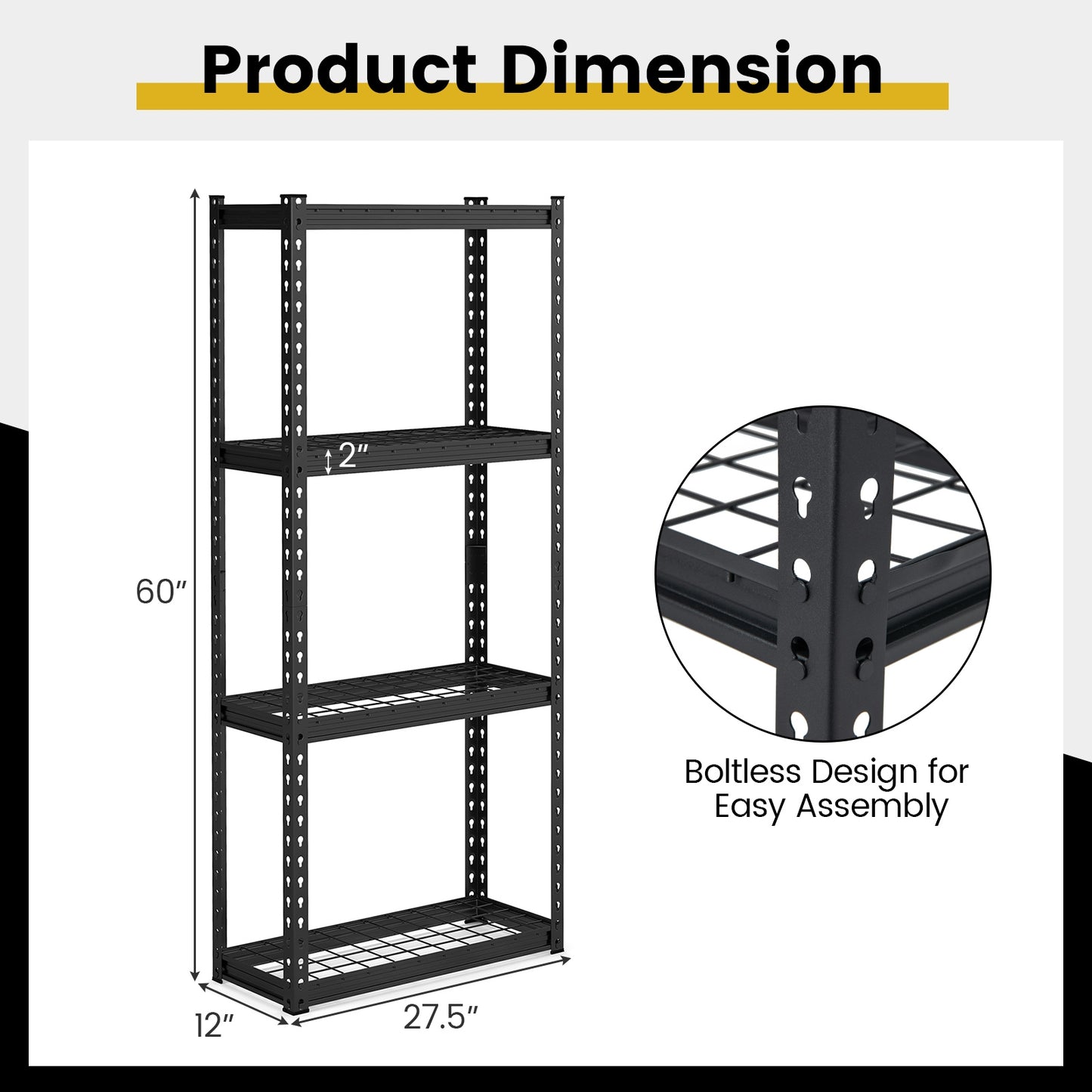4-Tier Metal Shelving Unit with Anti-slip Foot Pad and Anti-tipping Device-Black