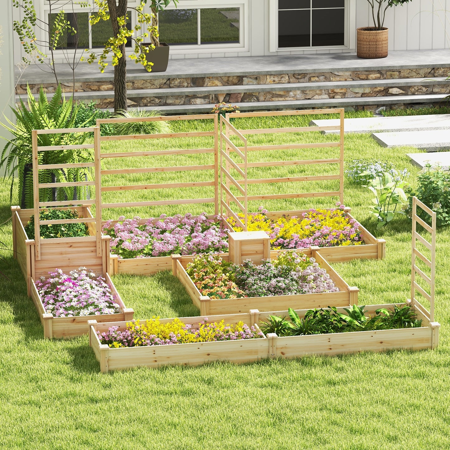 49" x 49" x 10" Raised Garden Bed with Compost Bin and Open-ended Bottom-Natural