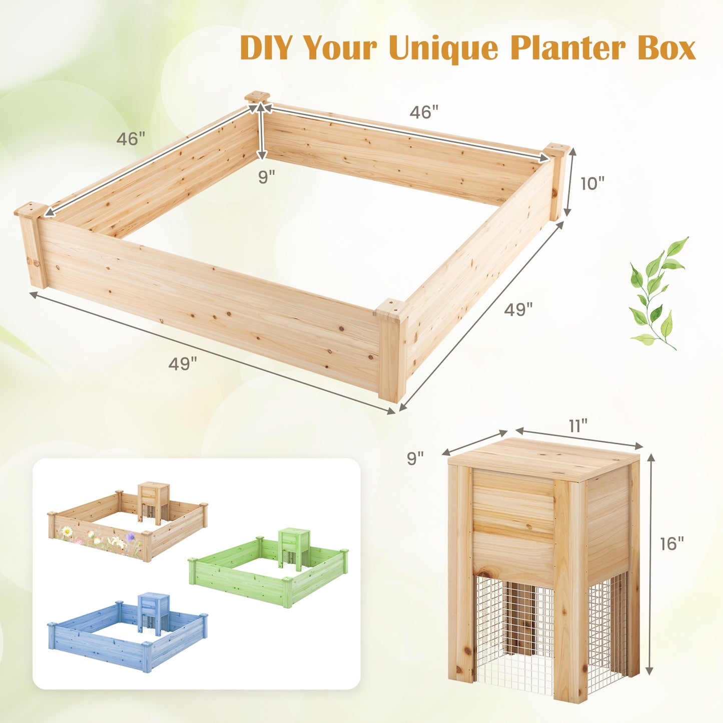 49" x 49" x 10" Raised Garden Bed with Compost Bin and Open-ended Bottom-Natural