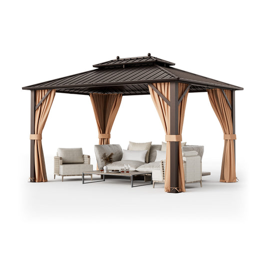 10x13ft Double-Roof Patio Hardtop Gazebo with Galvanized Steel Roof Netting and Curtains-Coffee