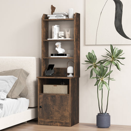 Bedside Tables Tall Nightstands with 5 Open Shelf and Cabinet-Rustic Brown
