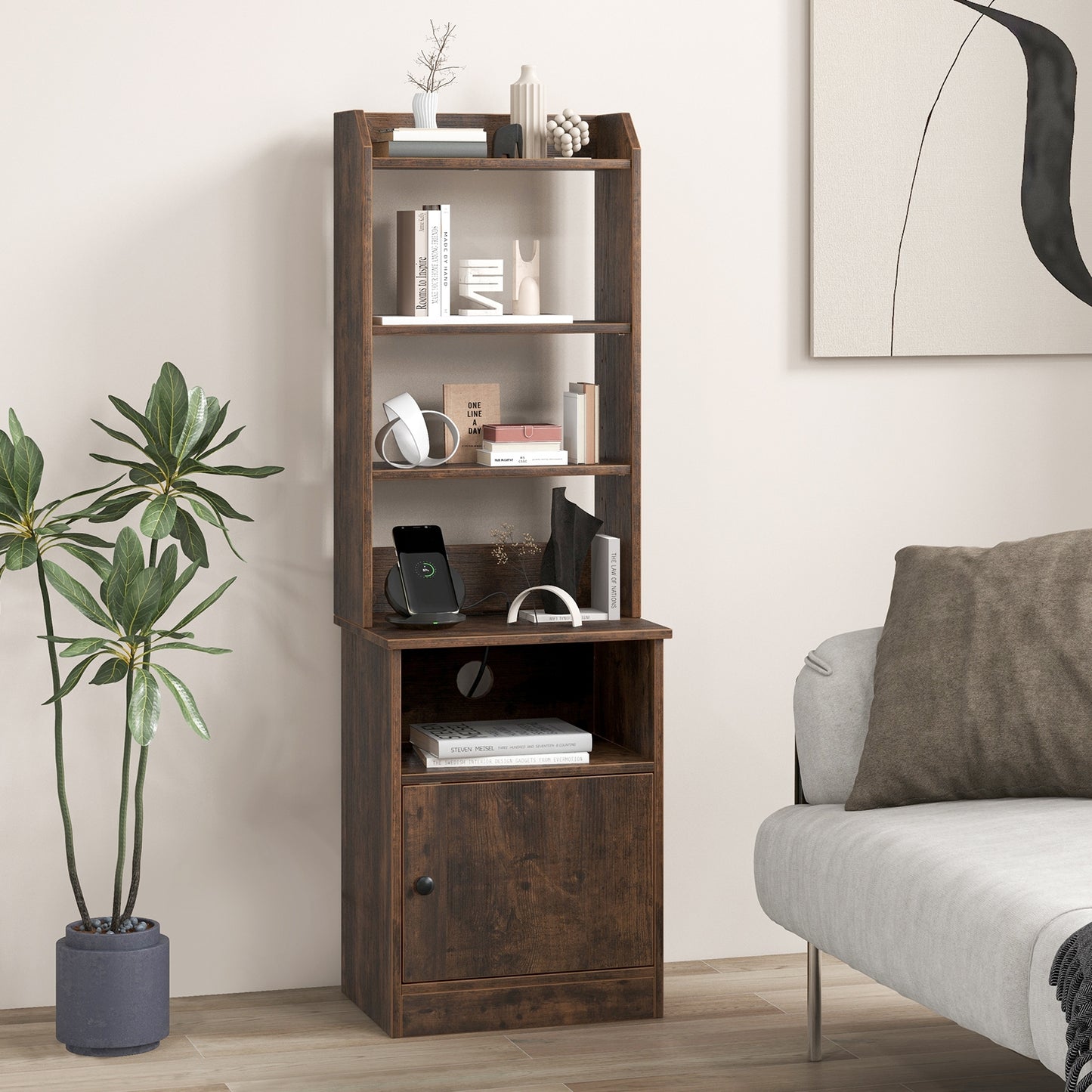 Bedside Tables Tall Nightstands with 5 Open Shelf and Cabinet-Rustic Brown