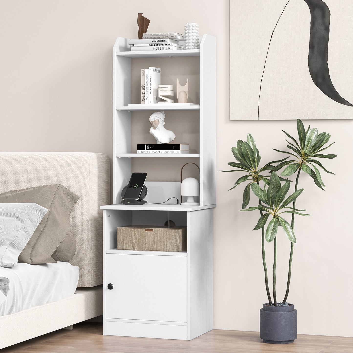 Bedside Tables Tall Nightstands with 5 Open Shelf and Cabinet-White