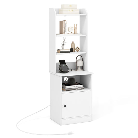 Bedside Tables Tall Nightstands with 5 Open Shelf and Cabinet-White