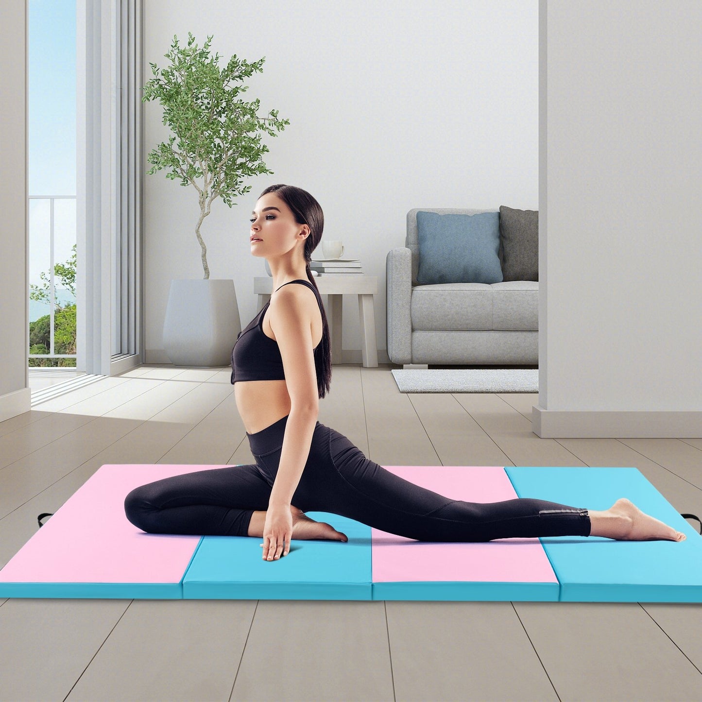 4-Panel PU Leather Folding Exercise Mat with Carrying Handles-Black