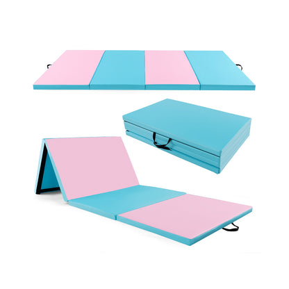 4-Panel PU Leather Folding Exercise Mat with Carrying Handles-Pink & Blue