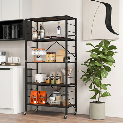 5-Tier Foldable Shelving Unit with Detachable Wheels and Anti-Toppling System-Black