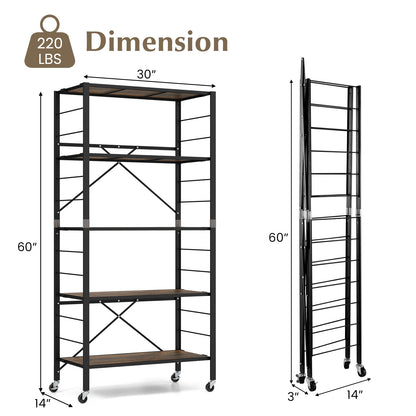 5-Tier Foldable Shelving Unit with Detachable Wheels and Anti-Toppling System-Black