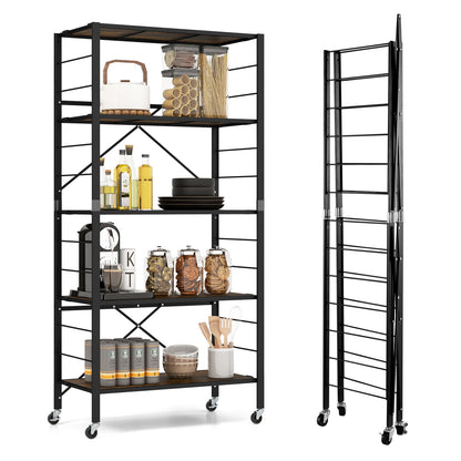 5-Tier Foldable Shelving Unit with Detachable Wheels and Anti-Toppling System-Black