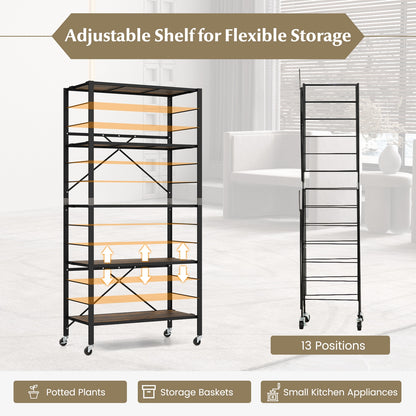 5-Tier Foldable Shelving Unit with Detachable Wheels and Anti-Toppling System-Black