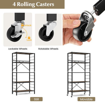 5-Tier Foldable Shelving Unit with Detachable Wheels and Anti-Toppling System-Black