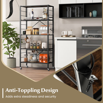 5-Tier Foldable Shelving Unit with Detachable Wheels and Anti-Toppling System-Black