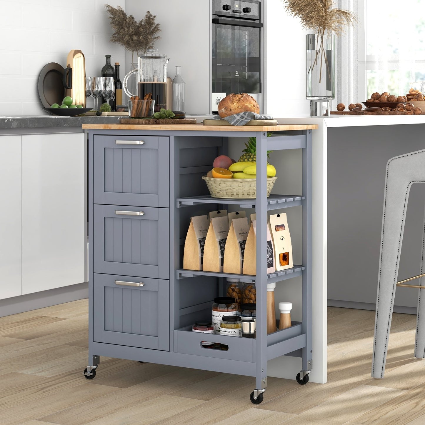 Rolling Kitchen Island Utility Storage Cart with 3 Large Drawers-Black