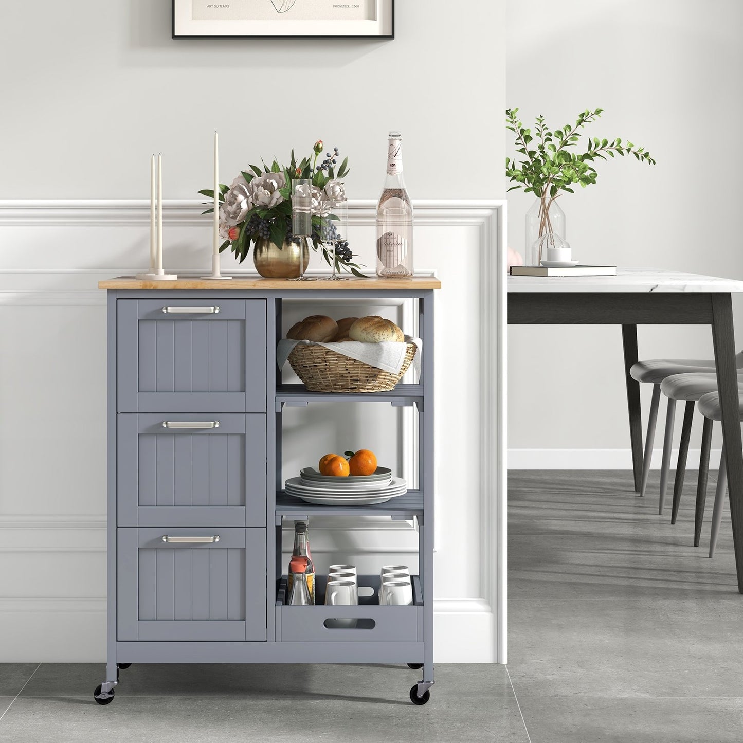 Kitchen Island Cart on Wheels with Rubber Wood Top and 3 Drawersand Removable Tray-Gray