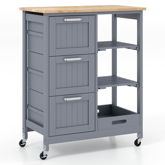 Kitchen Island Cart on Wheels with Rubber Wood Top and 3 Drawersand Removable Tray-Gray