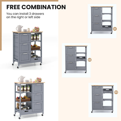 Kitchen Island Cart on Wheels with Rubber Wood Top and 3 Drawersand Removable Tray-Gray
