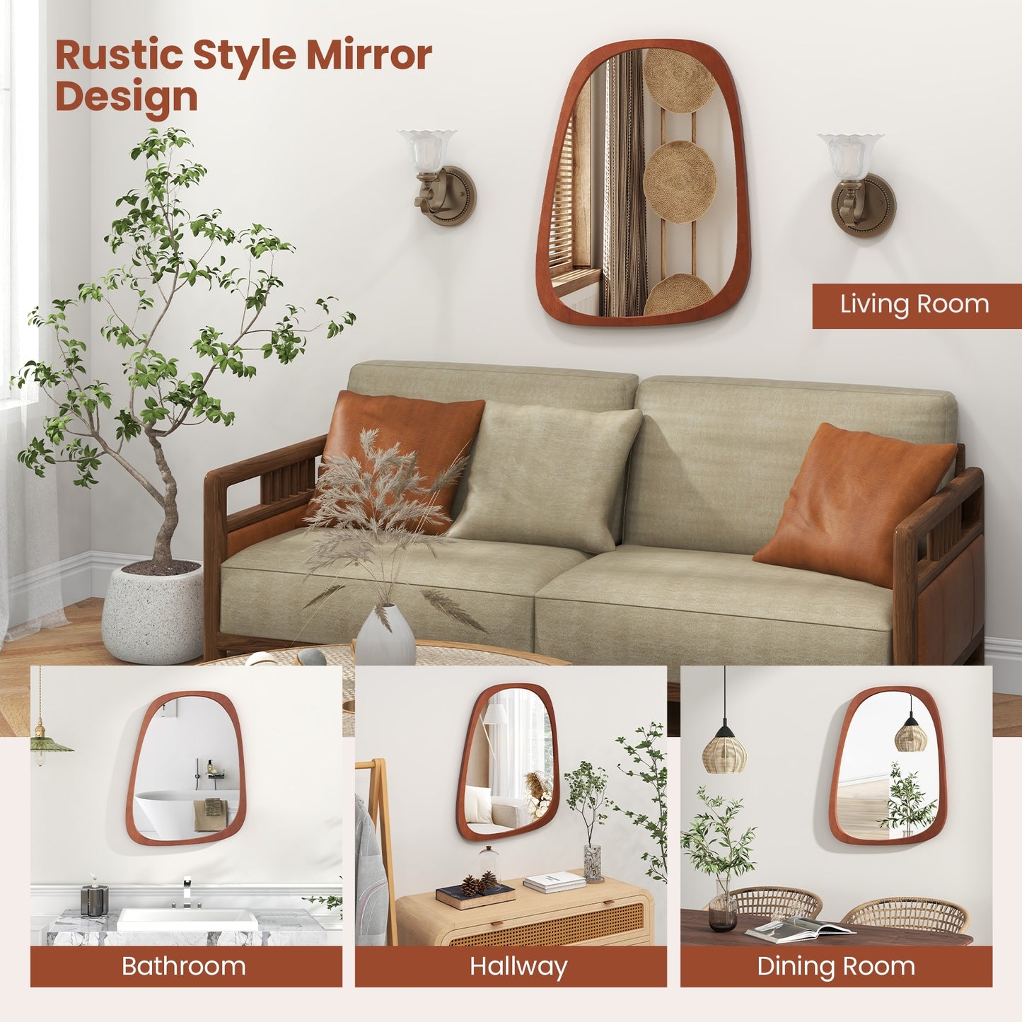 Asymmetrical Abstract Irregular Shaped Wall Mirror with Rustic Frame-Natural