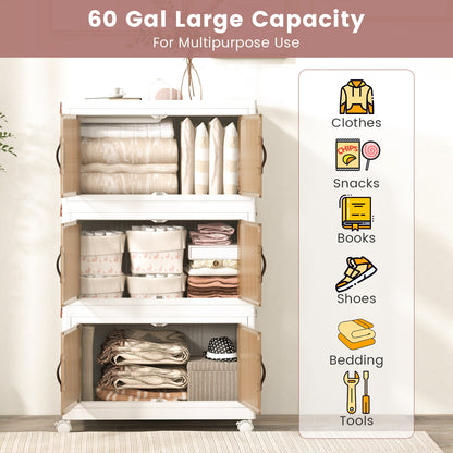 25.5/60 Gal 3-Tier Stackable Storage Boxes Bins with Magnetic Doors and Lockable Casters-M