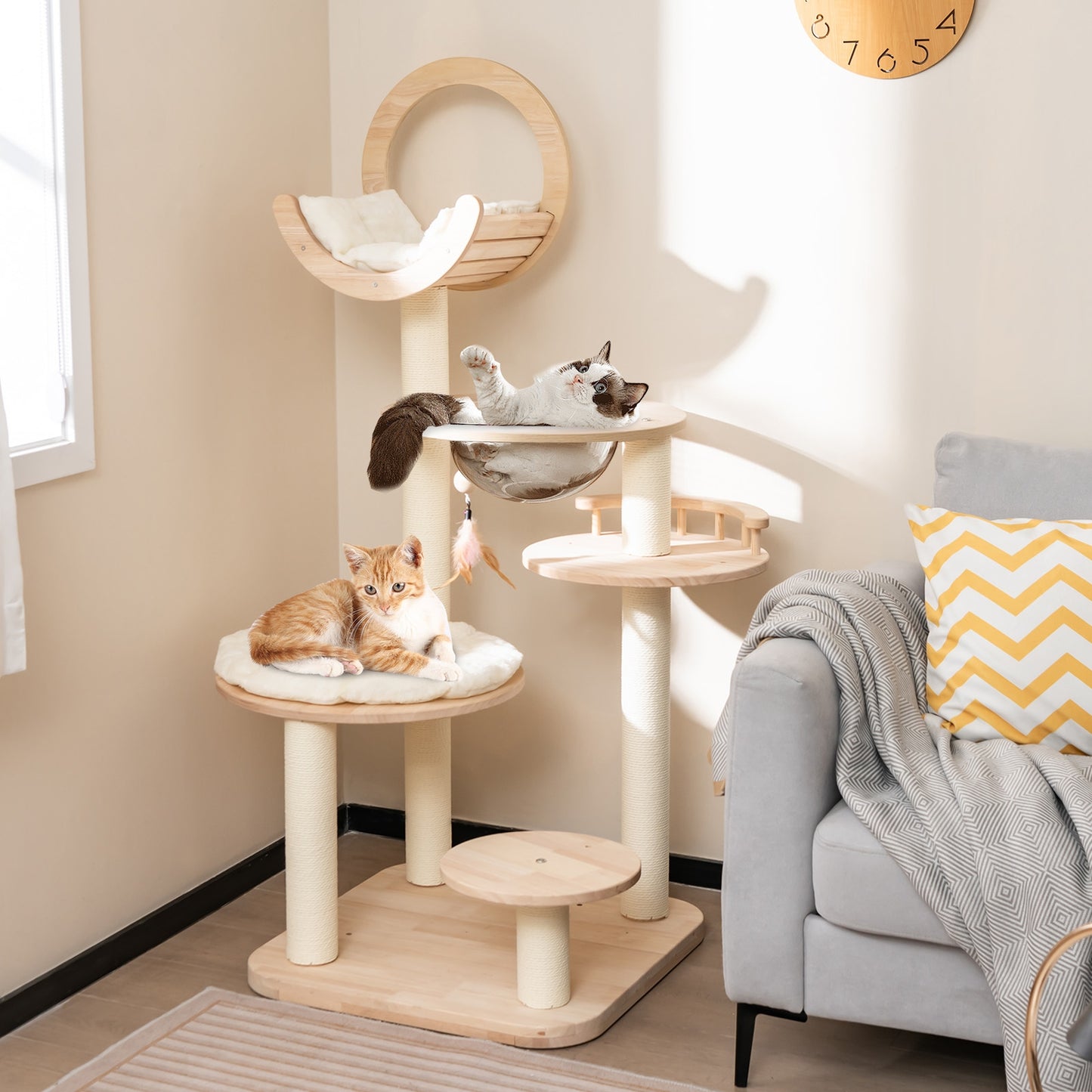 4-in-1 Large Wooden Cat Tower with Space Capsule Nest for Indoor Cats