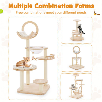 4-in-1 Large Wooden Cat Tower with Space Capsule Nest for Indoor Cats