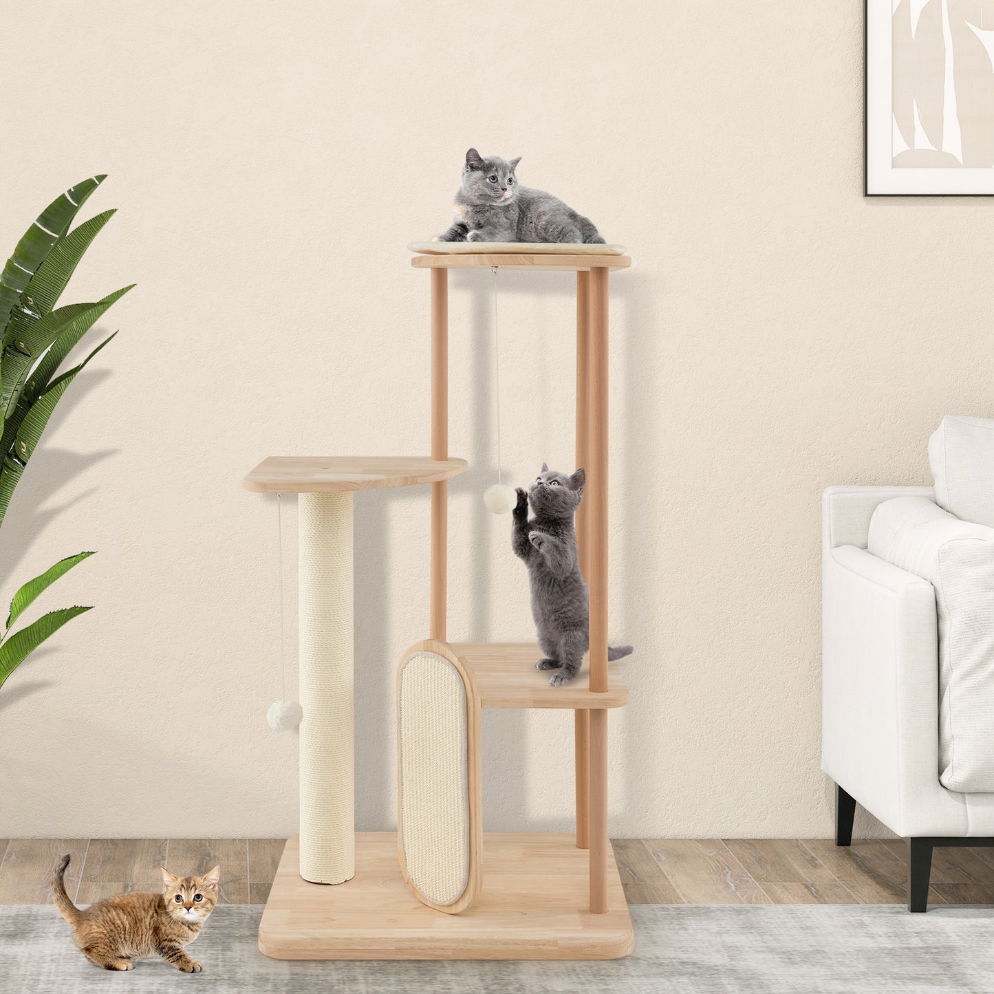 Wooden Multi-level Modern Cat Tower with Scratching Board and Post-44 inches